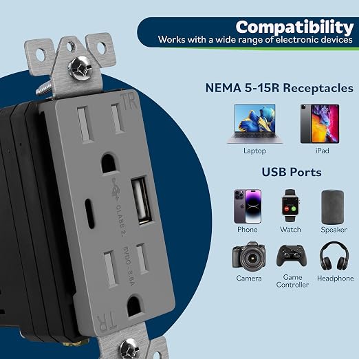 TOPGREENER 2-Port USB Outlet, 4.2A Type C USB Wall Outlet, Gray, 2 Pack | UL Listed, 15 Amp TR Receptacle Plug, USB Receptacle, Charging Power Outlet with USB C&A Ports, Wall Plate Included