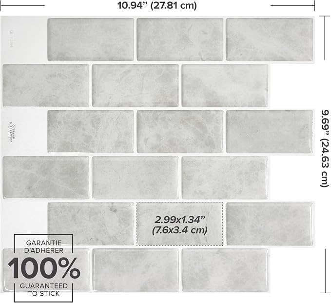 Smart Tiles Peel and Stick backsplash, Subway Gray Marble, 10.95"x9.7" | Pack of 10 (6.3 sq ft), Glossy, Heat/Moisture Resistant, Low VOC, Kitchen/Bathroom, Renter Friendly, Made in Canada