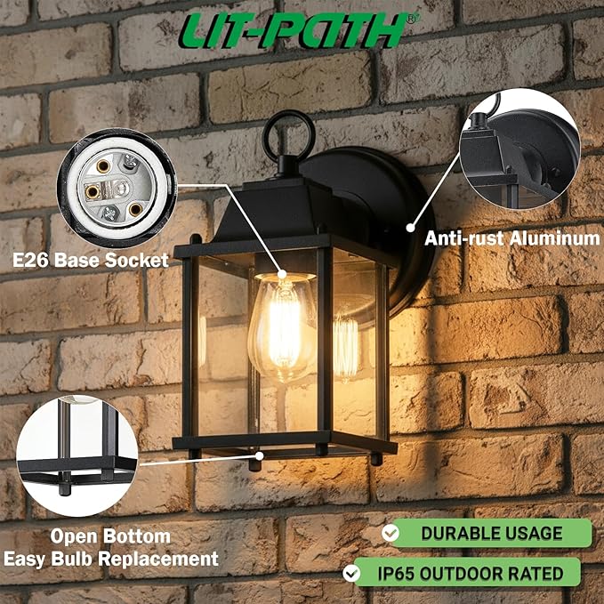LIT-PaTH Outdoor Wall Lantern, Wall Sconce as Porch Lighting Fixture, E26 Base, Aluminum Housing Plus Glass, Water-Proof and Outdoor Rated, ETL Qualified, 1-Pack, Black