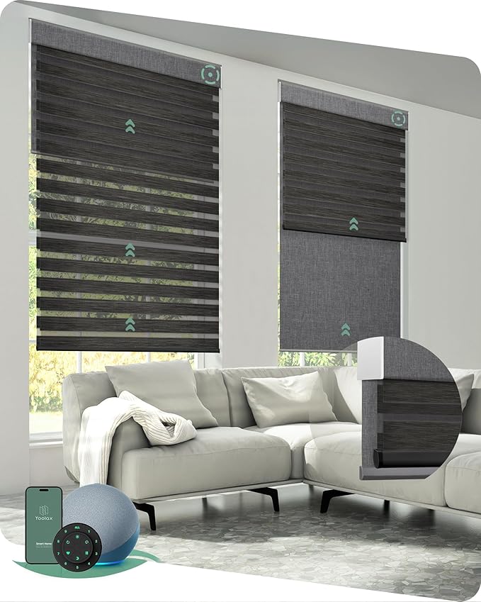 Yoolax Motorized Dual Roller Shade, 60x60in, Zebra Black, Solar Powered, Compatible with Alexa, 100% Blackout Fabric, Light Filtering, Remote Control, Inside Mount