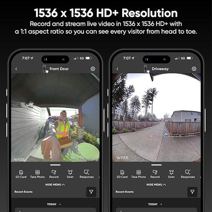 Wyze Battery Video Doorbell Wireless Camera, 1536x1536 HD+ with Color Night Vision, 2-Way Audio, 1:1 Head-to-Toe View, Person/Vehicle/Package Monitor, Wire-Free/Wired Option (Renewed)