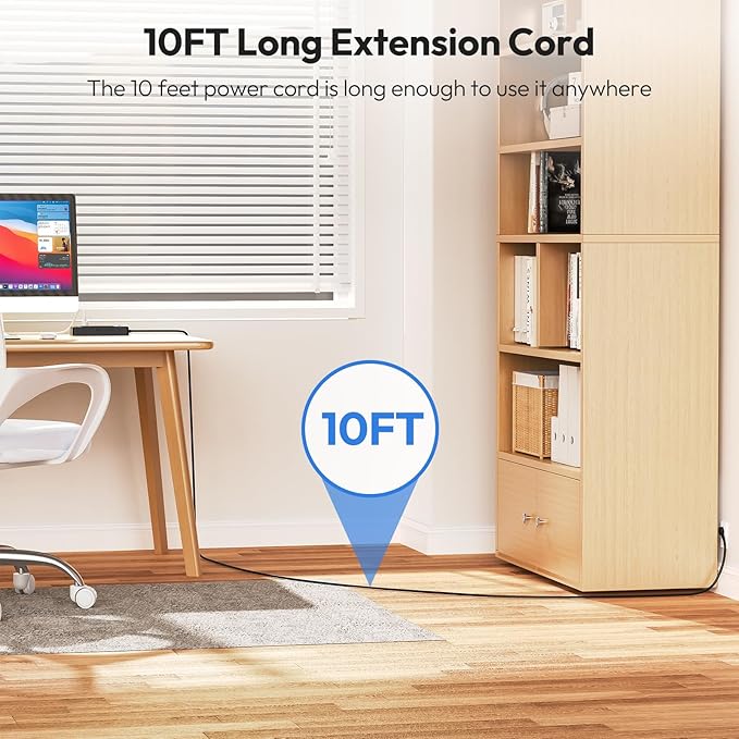 NTONPOWER Long Cord Power Strip 10 FT, Extension Cord with 12 Outlets & 4 USB Ports (2 USB C), 3 Side Multiple Outlet Extender, Flat Plug Wall Mounted for Home Office