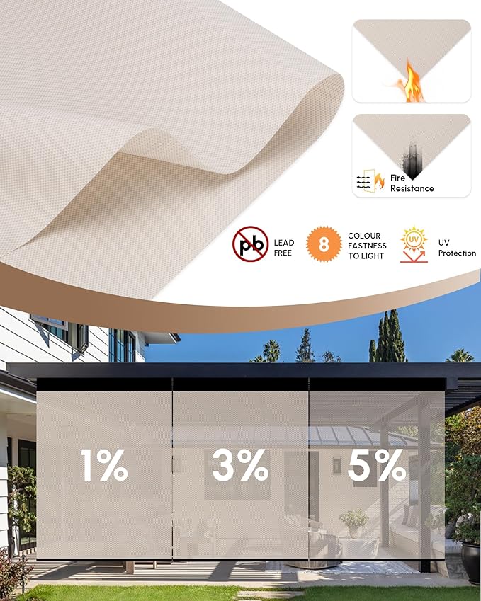 Kincmo Motorized Outdoor Shades for Patio Porch, Custom Outdoor Motorized Blinds with Remote, Waterproof & Windproof Patio Shades Work with Apple Homekit,Alexa,Google (1% Openness Beige)