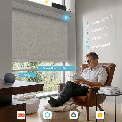 BERISSA Smart Motorized Blinds with Remote,No Drill Automatic Roller Blinds for Indoor Windows,Blackout Linen Fabric,Electric Shades for Windows Home Office,Beige White,Custom Size