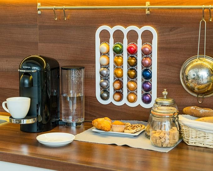 Demi's Home Adhesive Coffee Pod Holder for Nespresso Vertuo Capsules (Measure Before Purchase) - Suitable to be Mounted Inside/Under the Cabinet or on the Wall (White)