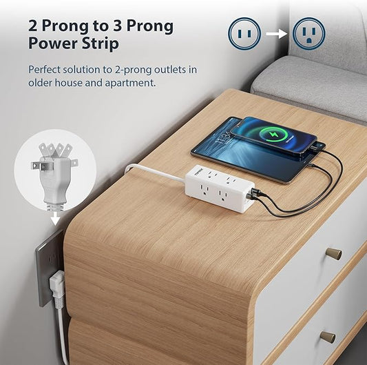 2 Prong Power Strip, TOPREK 2 Prong to 3 Prong Outlet Adapter, 1440J 2 Prong Surge Protector with 6 Outlets & 3 USB, 5FT 2 Prong Extension Cord with Swiveling Flat Plug, Ideal for Non-Grounded Outlet