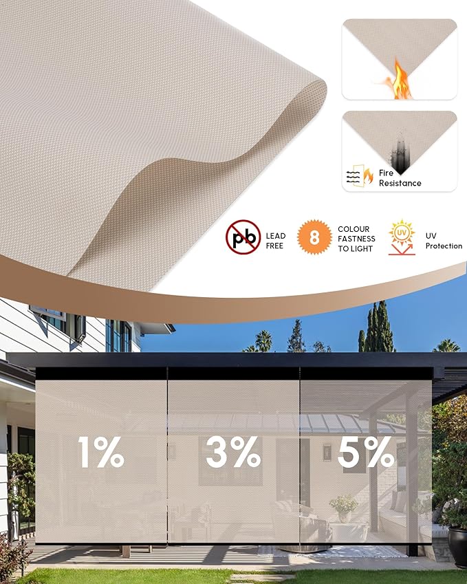 Kincmo Motorized Outdoor Shades for Patio Porch, Custom Outdoor Motorized Blinds with Remote, Waterproof & Windproof Patio Shades Work with Apple Homekit,Alexa,Google (3% Openness Beige)