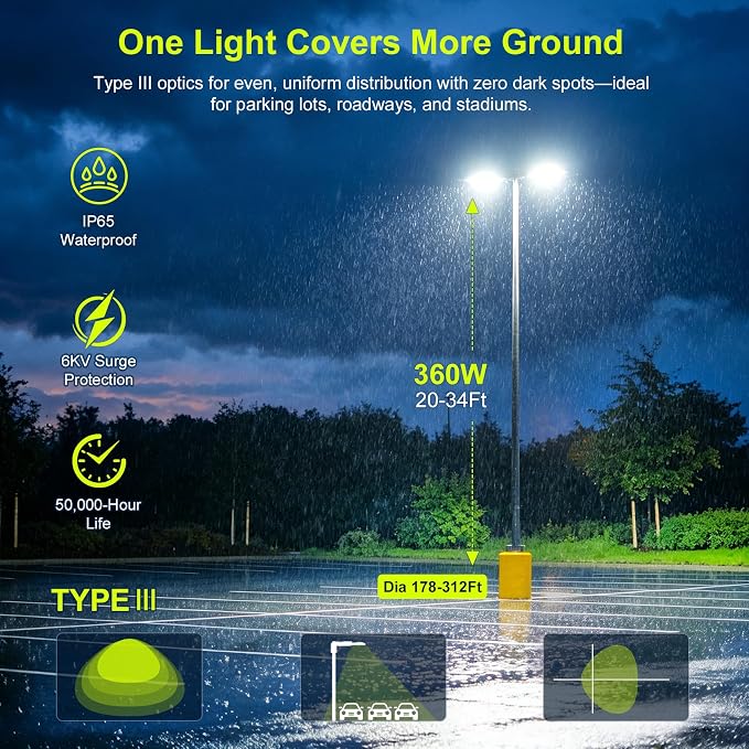 480V LED Parking Lot Light 360W/288W/216W, 3000K 4000K 5000K Adjustable 54000LM 0-10V Dimmable with Photocell, ETL Listed Shoebox Pole Lights Outdoor Arm & Slip Fitter Mount, AC277-480V