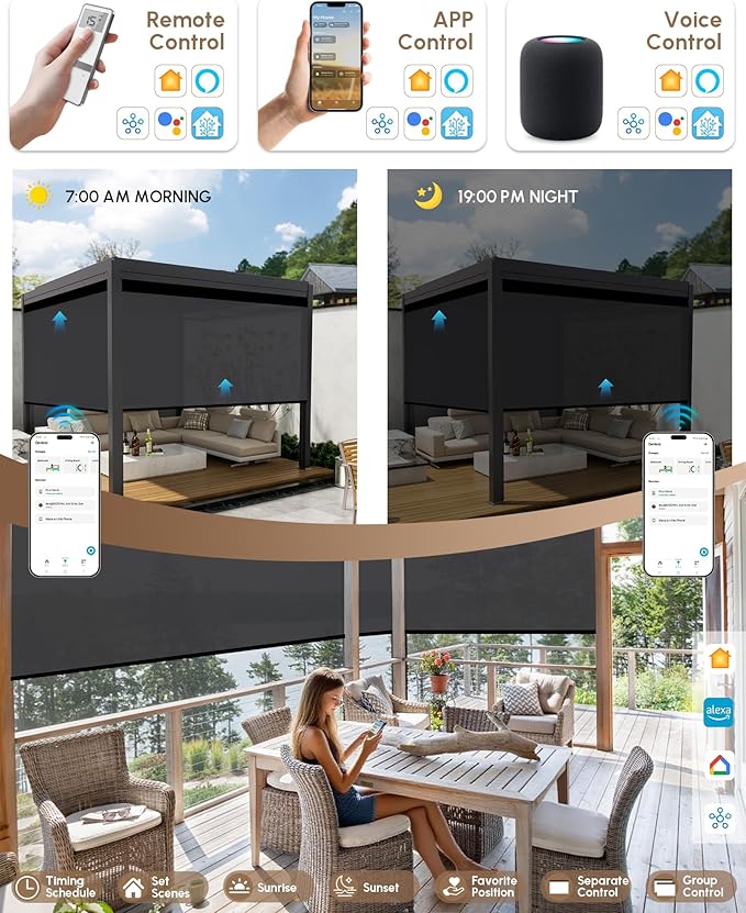 Kincmo Motorized Outdoor Shades for Patio Porch, Custom Outdoor Motorized Blinds with Remote, Waterproof & Windproof Patio Shades Work with Apple Homekit,Alexa,Google (1% Openness Dark Grey)
