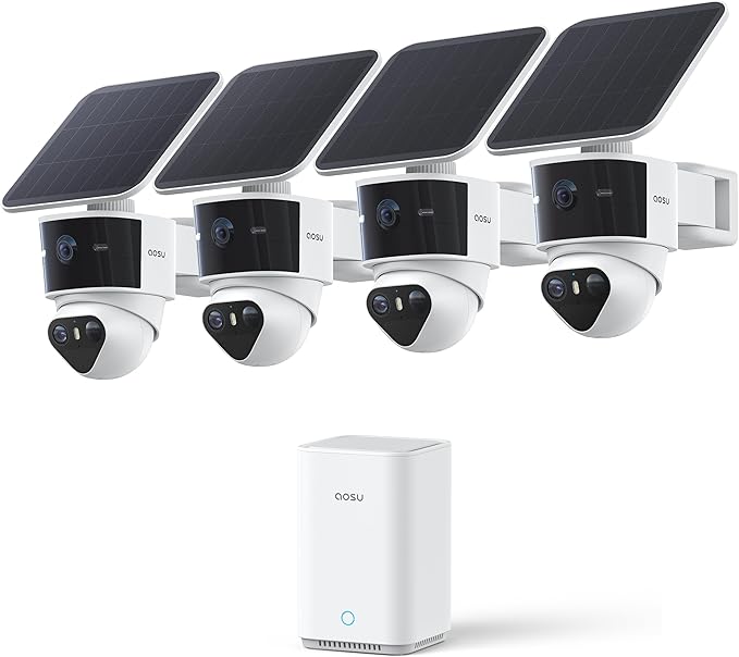 aosu T2 Pro Solar Security Cameras Wireless Outdoor, 4 Cam Kit, 3K Dual Cam No Blind Spot Security Camera for Home, 170° Wide + 360° PTZ, AI Detection, 8X Zoom, Expandable 1TB Local Storage