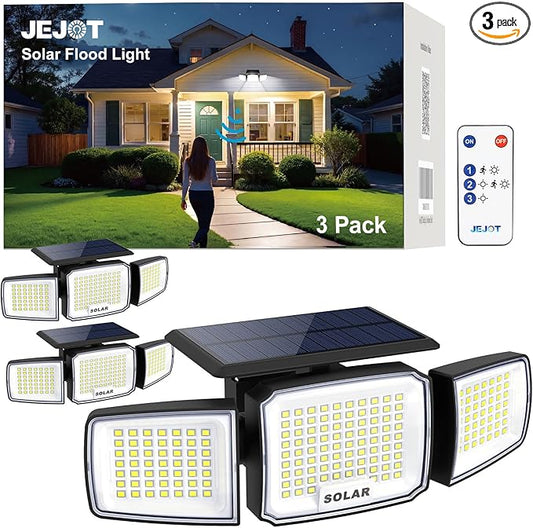 Solar Security Light Outdoor Super Bright LED, Motion Sensor Flood Light, 3 Heads 270° Wide Angle,Remote Control, IP65 Waterproof, 3 Modes (3 Packs)