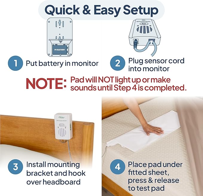 Smart Caregiver Bed Alarm for Elderly Adults – Fall Prevention System with 10"x30" Weight-Sensing Bed Pad – Automatically Alerts Caregiver When They Get Up