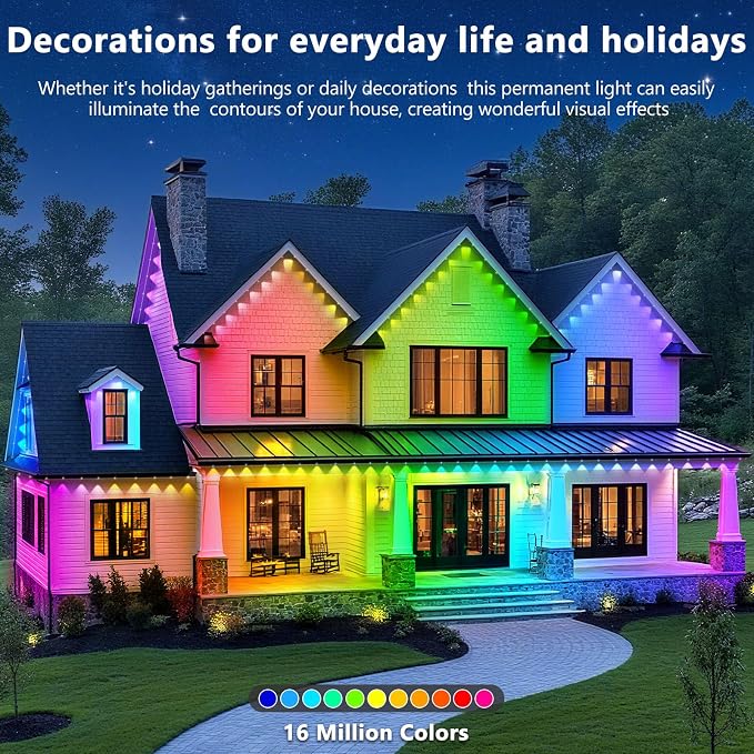 LETIANPAI 200FT Permanent Outdoor Lights,RGB Eaves Lights with App Control Remote,DIY Scene Modes IP67 Waterproof Outdoors Under Eave Lighting,Outdoor Light for Garden Decor