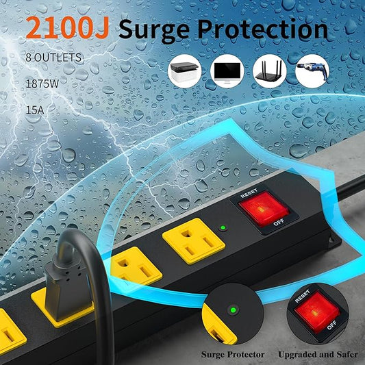 8 Outlet Power Strip 2100J Surge Protector, 8FT Heavy Duty Extension Cord Wide Spaced Outlet and Wall Mount Metal Powerstrip for Home Office Garage Workshop