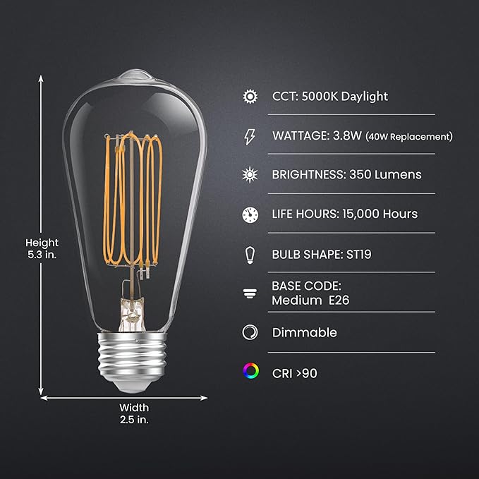 Feit Electric ST19 Vintage Edison LED Light Bulb, 40W Equivalent, Dimmable, 5000K Daylight, E26 Base, Clear Glass Thin Filament Lighting Bulbs, 15,000-Hour Lifetime, ST1940/950CATFIL/2, 2 Pack