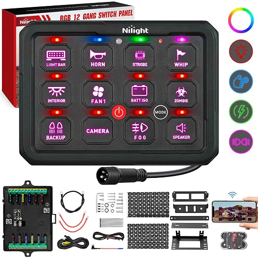 Nilight 12 Gang Switch Panel APP RGB 12V 24V Circuit Control System 4-Mode | Fuse Wiring Harness APP Remote Control Automatic Dimmable Toggle/Momentary/Strobe/Flash for Car Pickup Truck Camper SUV