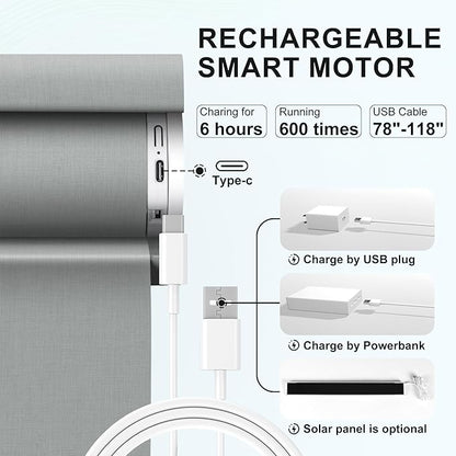 BERISSA Smart Motorized Blinds with Remote,No Drill Automatic Roller Blinds for Indoor Windows,Blackout Linen Fabric,Electric Shades for Windows Home Office,Double-Sided Light Grey,Custom Size