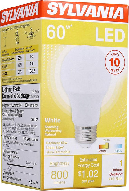 Sylvania A19 LED Light Bulb, 8.5W, 60W Equivalent, 10 Year, Non-Dimmale, 800 Lumens, 3000K, White (74733) (Pack of 1)