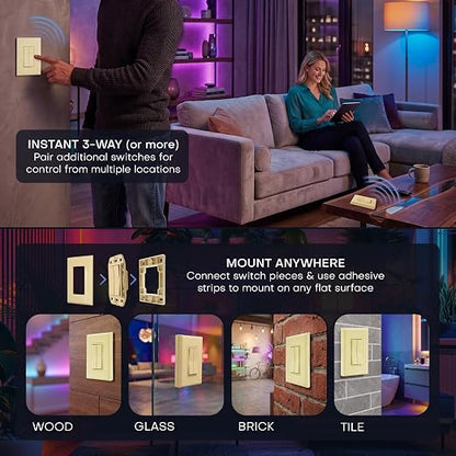 RunLessWire Click for Hue Battery-Free Wireless Smart Switch 2 Pack Ivory | Dimmable Kinetic Switch Pairs Natively to Philips Hue Bridge, 4 Programmable Buttons to Control Scenes & Areas, 100ft Range