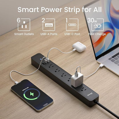 GHome Smart Power Strip 15A, 2.4G WiFi Smart plugs that work with Alexa & Google Home, Surge Protector Flat Plug with 6 APP Control WiFi outlets, FCC Listed, 7.18 Ft flat Extension Cord, No Hub Needed