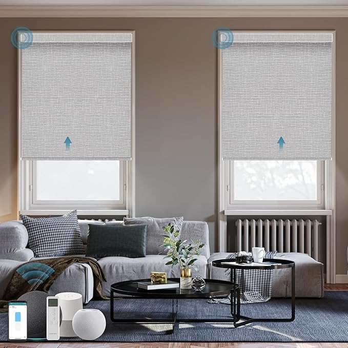 Motorized Roller Shade, 100% Blackout Smart Window Blinds Work with Homekit, Alexa, Google Home, Remote Control, Electric Blinds with USB/Solar Pannel Charging, Texture Smoke