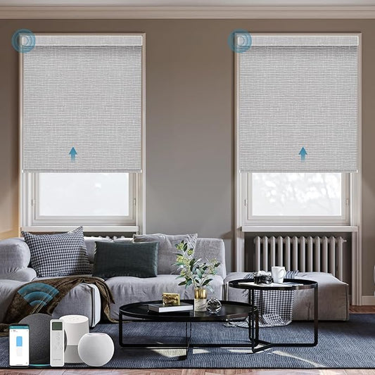 Motorized Roller Shade, 100% Blackout Smart Window Blinds Work with Homekit, Alexa, Google Home, Remote Control, Electric Blinds with USB/Solar Pannel Charging, Texture Smoke