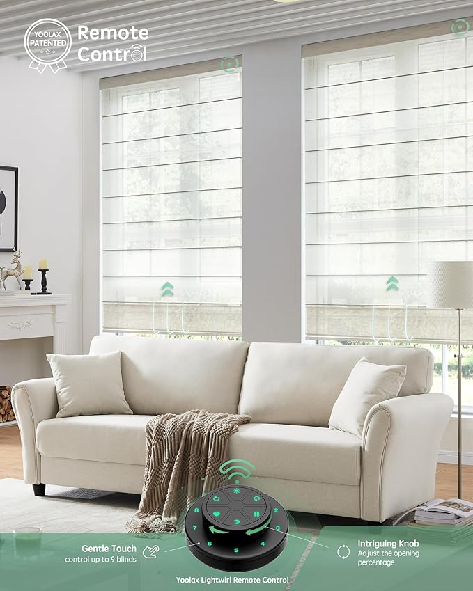 Yoolax Motorized Roman Shades with Remote, Smart Roman Shades for Windows, Semi Sheer Automatic Blinds Work with Alexa, Google, Apple Homekit for Living Room, Dining Room, Customized (Light Coffee)