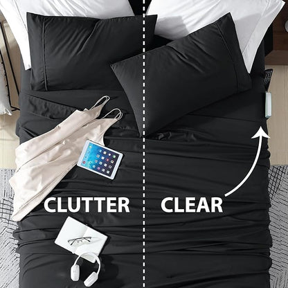 Swift Home Smart Sheets, Ultra Soft Brushed Microfiber 4-Piece Sheet Set, Fitted Bed Sheet with Side Storage Pockets – Black, Queen