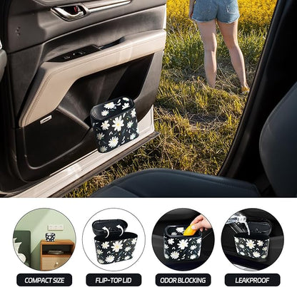 Mini Car Trash Can with Lid – Cute Floral Car Interior Accessory with 5 Trash Bags, Small Automotive Organizer for Front and Back Seat, Universal Fit Trash Bin for SUV, Sedan, Truck, Office or Home