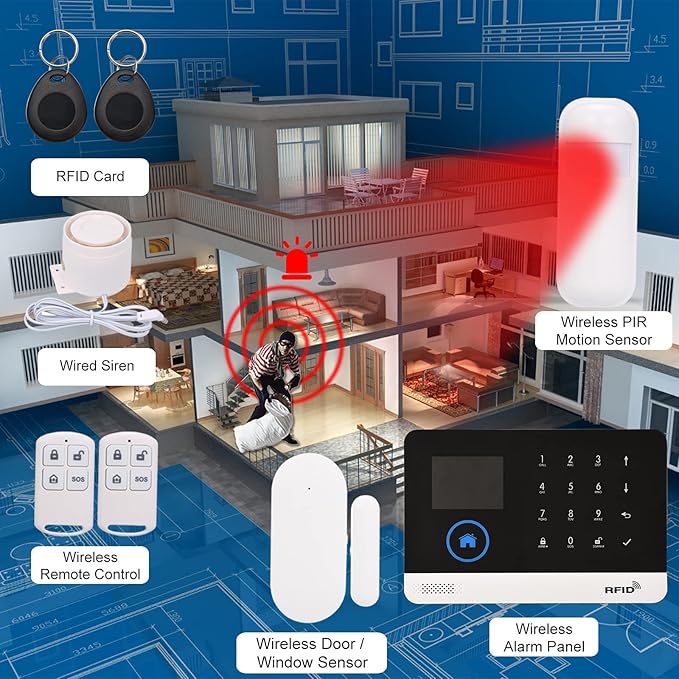 WiFi GSM Home Alarm Security System, 2.4in LCD Wireless DIY Smart Home Burglar Security Alarm System 10 Piece Kit, Compatible with Alexa Google Home Voice Control