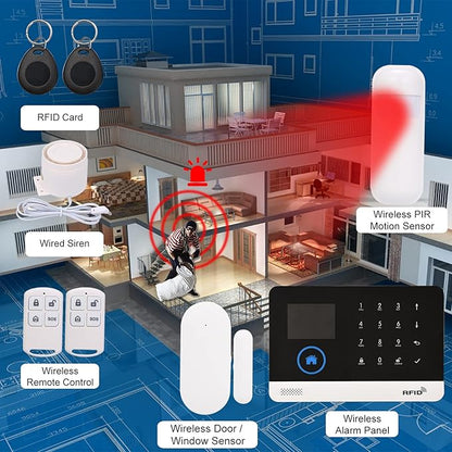 WiFi GSM Home Alarm Security System, 2.4in LCD Wireless DIY Smart Home Burglar Security Alarm System 10 Piece Kit, Compatible with Alexa Google Home Voice Control