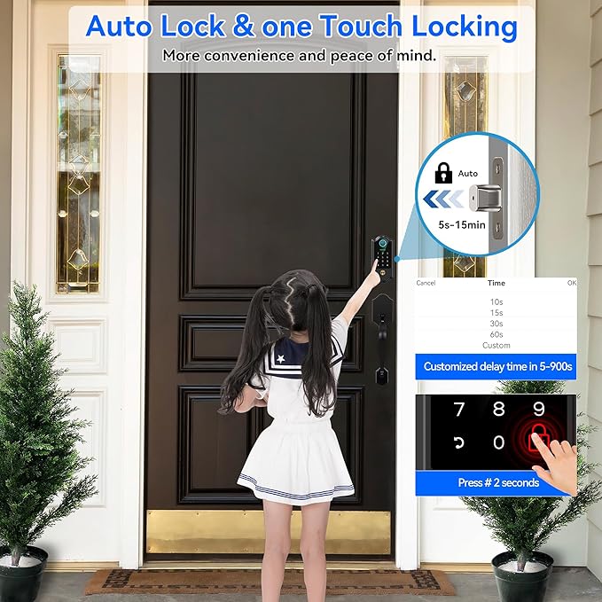 Smart Fingerprint Door Lock for Front Door – Keyless Entry Deadbolt with Handle Set, Digital Keypad, App Control, Auto Lock, Easy Install, Matte Black