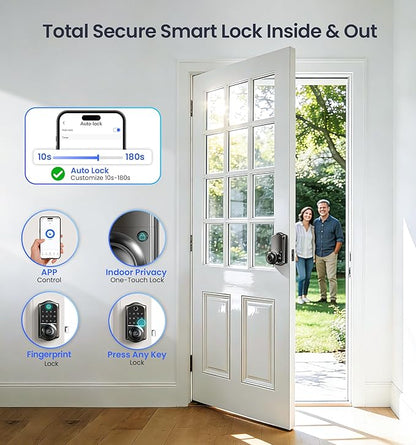 Veise VE018 Smart Knob Handle Lock - Fingerprint, App Control, Keyless Entry for Front Door and Bedroom, Electronic Digital Keypad, Auto Lock, Remote Access Sharing, IP55 Weatherproof, Matte Black