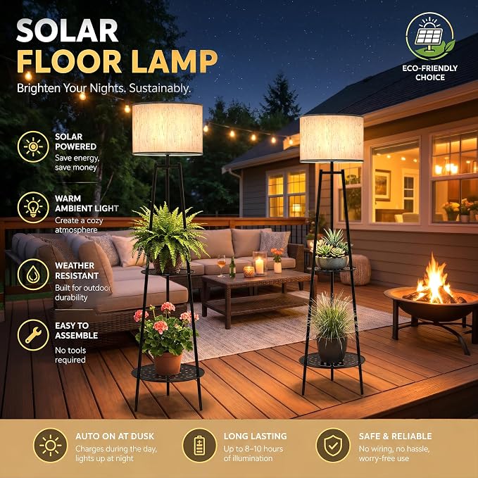 MXwcy 2Pack Solar Outdoor Floor Lamps with Plant Shelves, Waterproof Solar Standing Lamps for Patio Porch Garden Yard, Auto On/Off Warm LED Outdoor Floor Lights, Cordless 2-Tier Plant Stand Decor