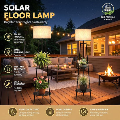 MXwcy 2Pack Solar Outdoor Floor Lamps with Plant Shelves, Waterproof Solar Standing Lamps for Patio Porch Garden Yard, Auto On/Off Warm LED Outdoor Floor Lights, Cordless 2-Tier Plant Stand Decor