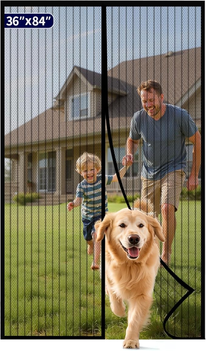 Kitsure Magnetic Screen Door - 36.0 x 84.0 in Retractable Screen Door Mesh for Front Door or Sliding Door, Pet & Kid Friendly, Hands-Free Closure Keeps Bugs Out & Lets Breeze in, Stripe Black