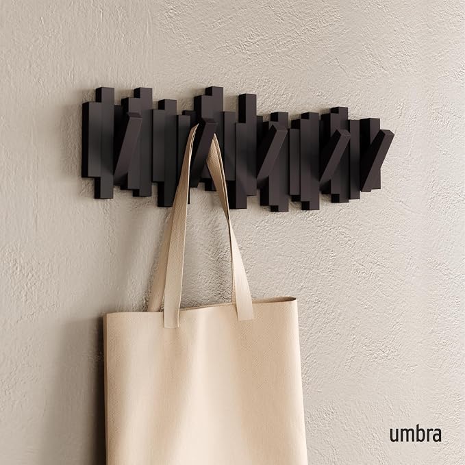 Umbra Sticks Wall Mount Coat Rack, 5 Hook Retractable Pegs, Espresso | Mounting hardware included, sculptural modern design, entryway or bedroom use, recycled plastic
