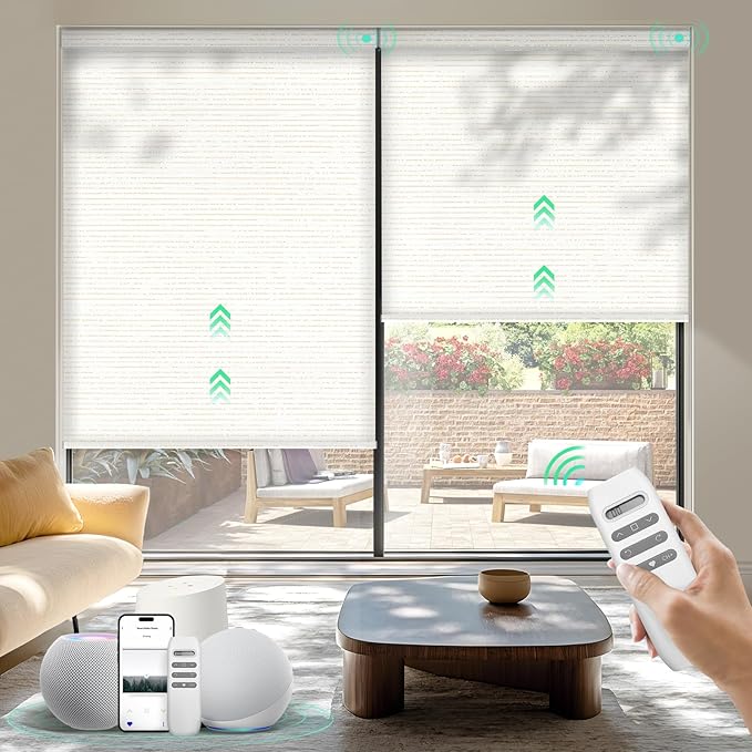 HeyBlinds Motorized Blinds with Remote, Smart Roller Shades with App & Voice Control, Work with Alexa Google HomeKit, Light Filtering Custom Window Shades for Living Room Office (Sun Kissed-Creme LF)
