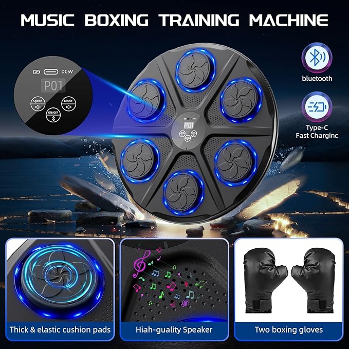 Music Boxing Machine for Adults, Wall Target Punching Workout with Boxing Gloves, Bluetooth Smart Boxing Training Machine Suitable for Home,Office,Gym, 12 Modes & 12 Speeds