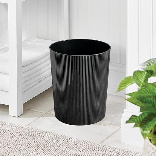 iDesign Small Round Plastic Bathroom Trash Can - Fluted Trash Can for Bathroom, Bedroom, or Office - Black