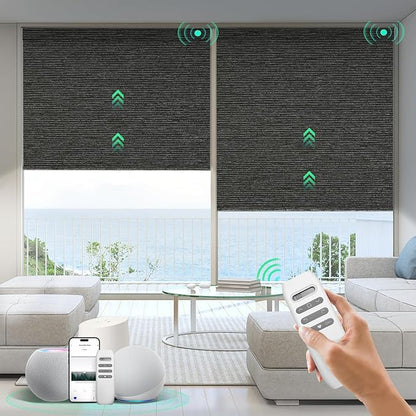 HeyBlinds Motorized Blinds with Remote, 100% Blackout Smart Blinds, Automatic Shades for Windows Compatible with Alexa Google and Homekit, Custom Size(Light Chaser-Anthracite BO)