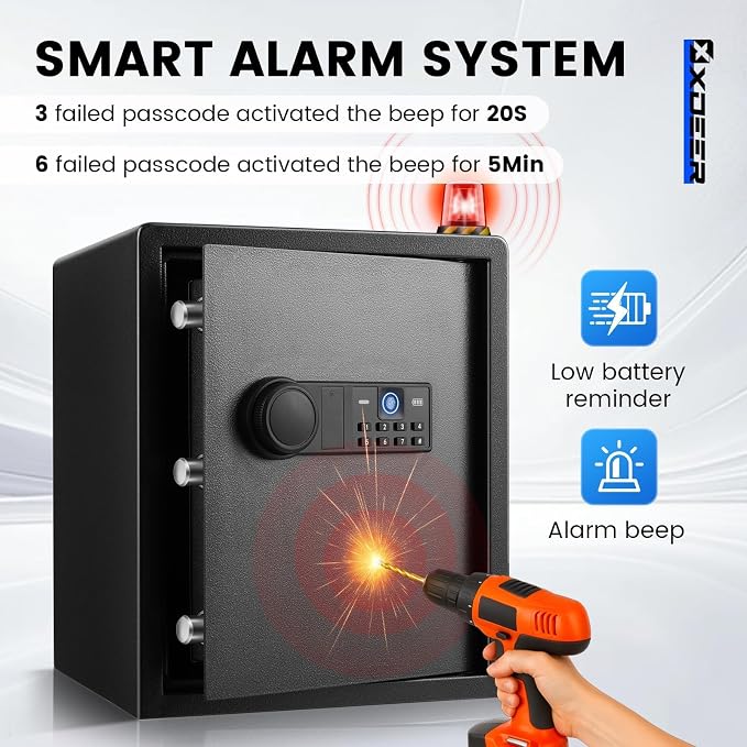 XDeer Biometric Safe Box, 1.69 Cuft Safe Box with 4 Unlocking Ways | Fingerprint/Backlit Keypad/Keys/APP, LED Light, Silent Mode, Adjustable Shelf, Smart Home Safe for Cash/Jewelry/Documents