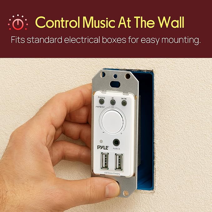 Pyle Bluetooth Receiver Wall Mount - In-Wall Audio Control Receiver w/ Dual USB Charging Port, 3.5mm AUX Input for Sound Systems - For Home Theater Entertainment - Includes DC Power Adaptor - PWPBT67
