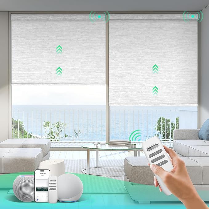 HeyBlinds Motorized Blinds with Remote, 100% Blackout Smart Blinds, Automatic Shades for Windows Compatible with Alexa Google and Homekit, Custom Size(Light Chaser-Perla Bianca BO)