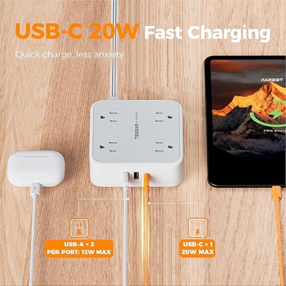 TESSAN Surge Protector Power Strip, 5 Ft Flat Plug Extension Cord with 3 USB (1 USB C 20W PD) 8 Outlets, 1250W, 900J Protection, 3 Sided Outlet Extender with Power Switch for Office, Dorm Room, Grey