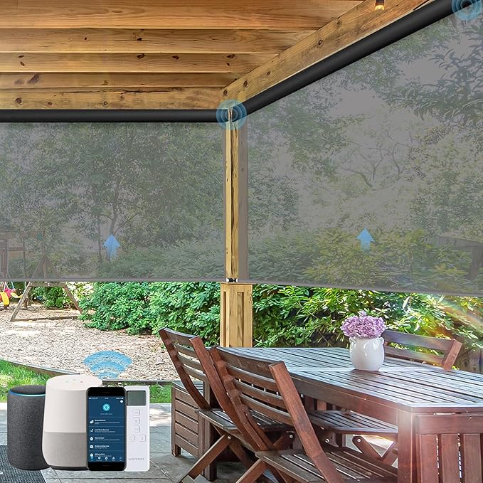 Motorized Outdoor Roller Shades,Patio Roll Up Blind Work with Alexa,Google Home,Apple Homekit,Remote Control Sun Shade,Waterproof &Windproof Smart Blinds for Porch,Sirus Light Gray,5% Openness