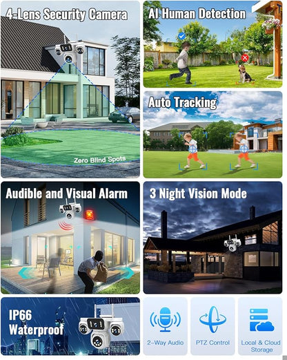 4-in-1 Wireless Outdoor Security Camera, Quad-View PTZ with 8MP HD, 16X Zoom, AI Human/Pet Detection, Color Night Vision, IP66 Weatherproof, 2-Way Audio, Dual Storage for Home Security