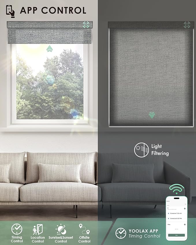 Yoolax Motorized Blinds with Remote, Light Filtering Smart Blinds Work with Alexa, Google, Automatic Roller Shades for Windows, Custom Electric Shades for Living Room Office (Starlight Smoke Blue)
