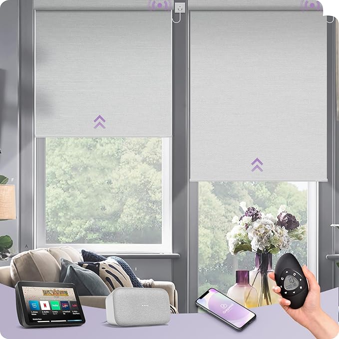 Graywind Motorized Shades 100% Blackout Work with Alexa Google WiFi Hardwired Smart Roller Shade Remote Control Automated Window Blinds with Valance, Customized Size (Pure White)