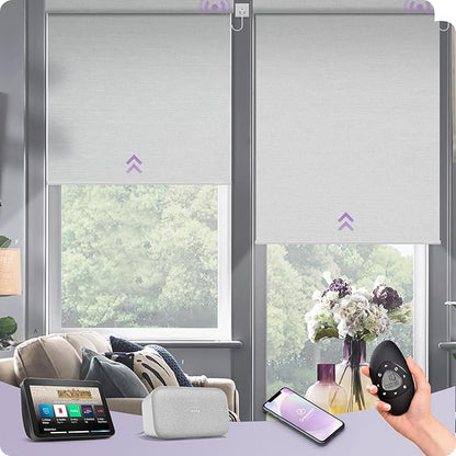 Graywind Motorized Shades 100% Blackout Work with Alexa Google WiFi Hardwired Smart Roller Shade Remote Control Automated Window Blinds with Valance, Customized Size (Pure White)